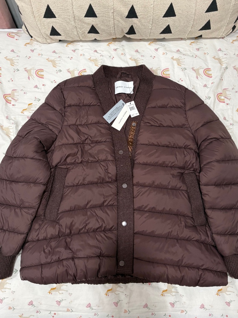 NWT Rebecca Minkoff Quilted Puffer Cardigan Jacket L Cafe Brown MSRP $228